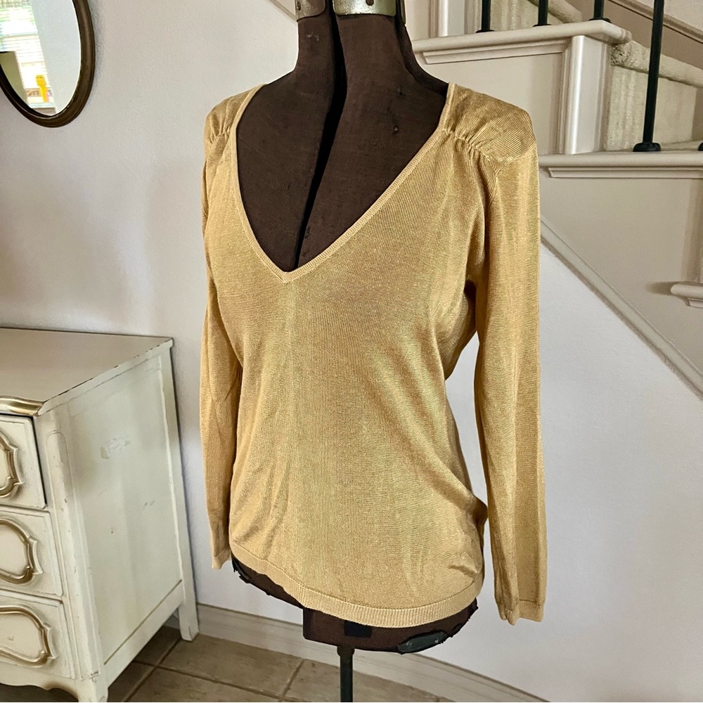 Newport News Womens Sz Large Blouse Mustard Brown Fall Ruched Vneck Long Sleeve